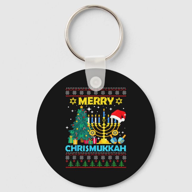 Merry Christmukkah Hanukkah Christmas Tree Xmas Fa Keychain (Front)
