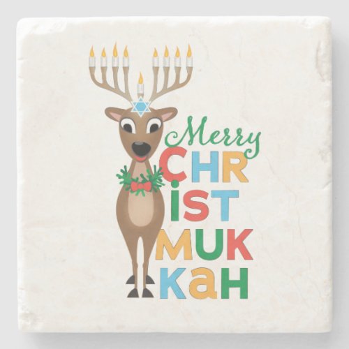 Merry Christmukkah Reindeer Stone Coaster