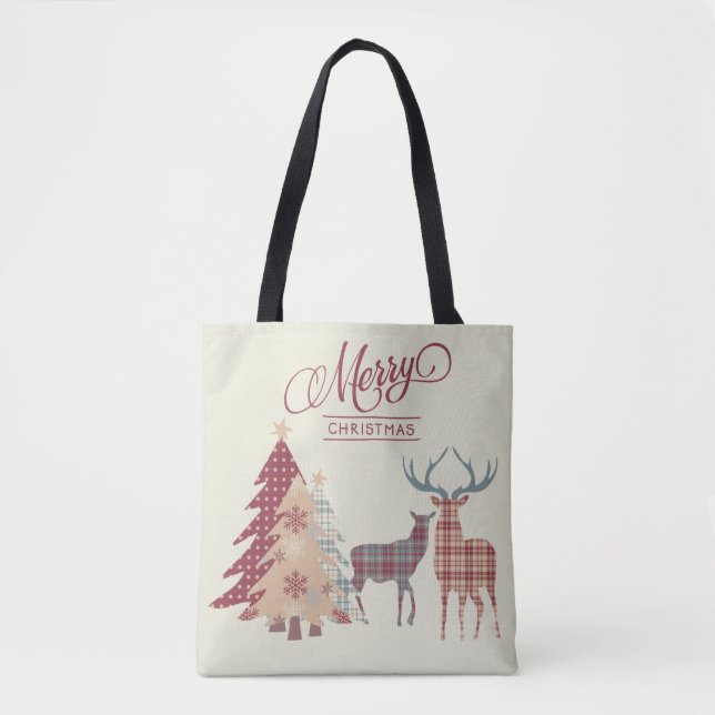 Merry Chrsitmas Plaid Trees, Deer Tote Bag (Front)
