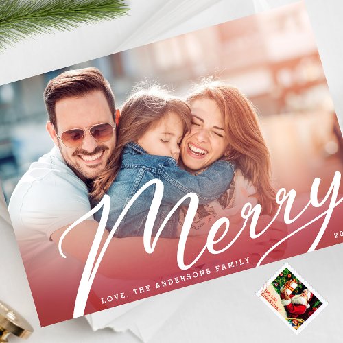 Merry Classic Lettering Red Gradient Photo Holiday Card