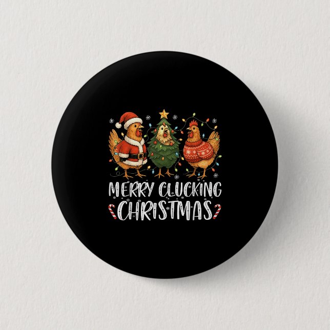 Merry Clucking Christmas Chicken Pajama Funny Sant Button (Front)
