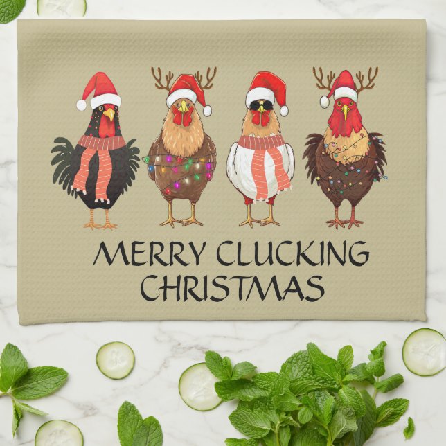 Merry Clucking Christmas - Four Santa Chickens Kitchen Towel (Folded)