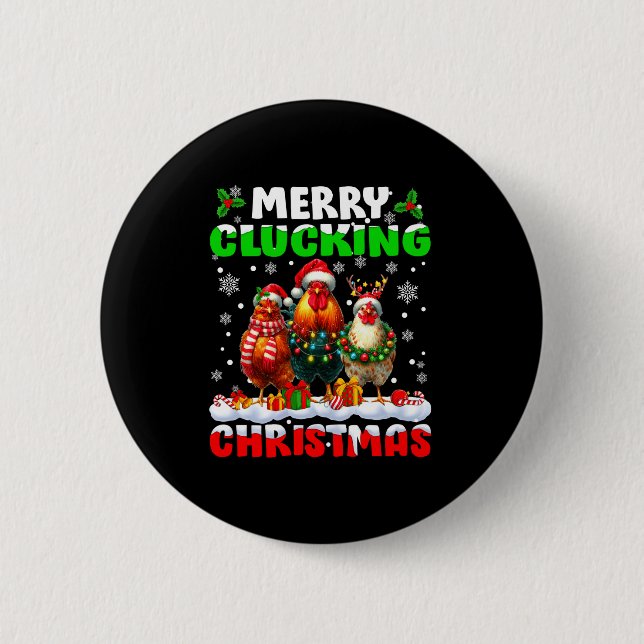Merry Clucking Christmas Funny Chicken Santa Hat X Button (Front)