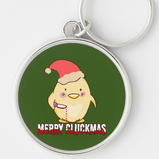 Merry Cluckmas, Funny Christmas Chicken Keychain (Front)