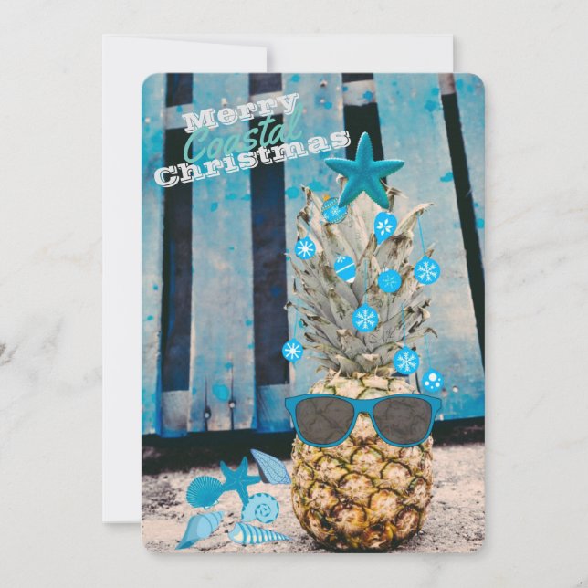 Merry Coastal Christmas Pineapple Tree on Beach Holiday Card (Front)