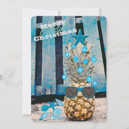 Merry Coastal Christmas Pineapple Tree on Beach Holiday Card