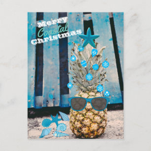Merry Coastal Christmas Pineapple Tree on Beach Postcard