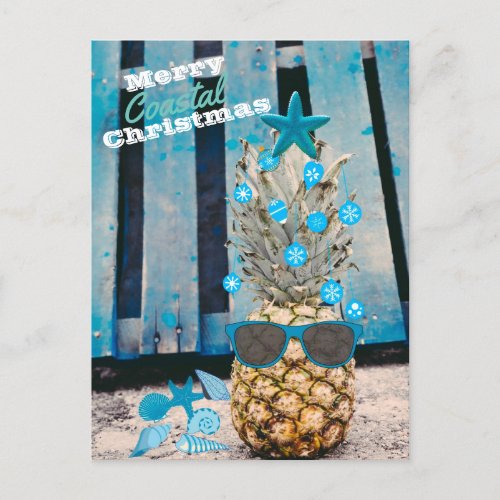 Merry Coastal Christmas Pineapple Tree on Beach Postcard