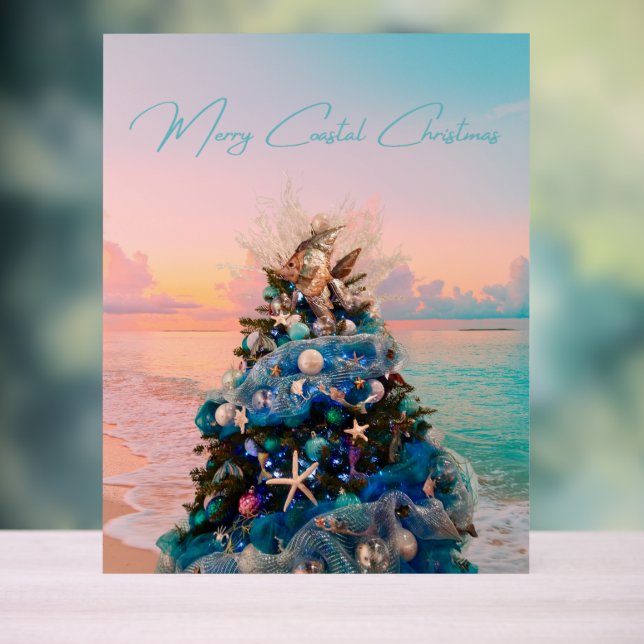Merry Coastal Christmas Tropical Beach HolidayTree Acrylic Sign (Neutral)