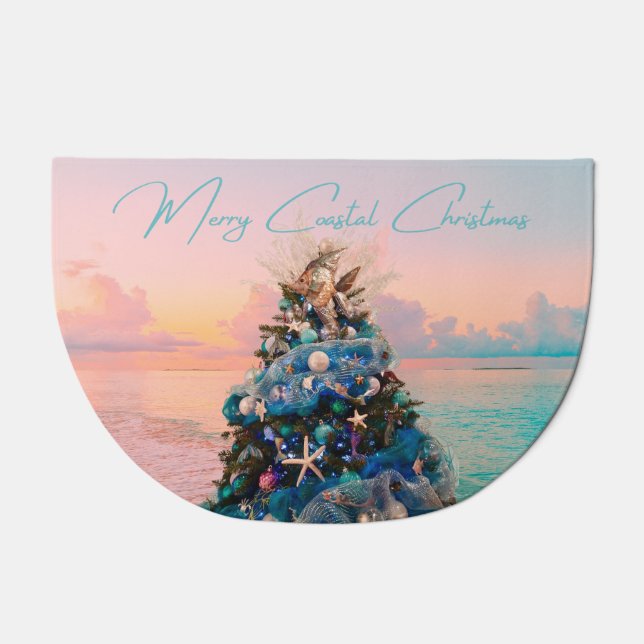 Merry Coastal Christmas Tropical Beach HolidayTree Doormat (Front)