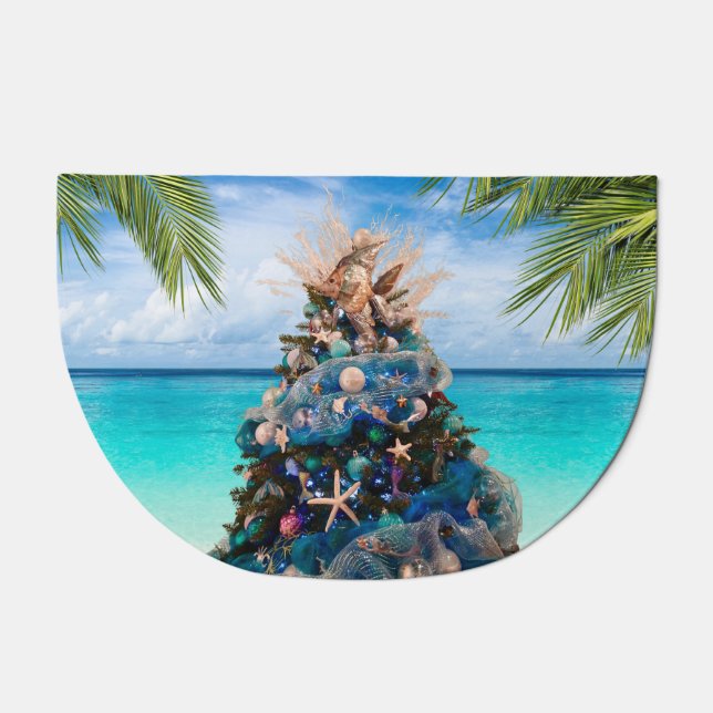 Merry Coastal Christmas Tropical Beach HolidayTree Doormat (Front)