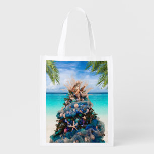 Merry Coastal Christmas Tropical Beach HolidayTree Grocery Bag