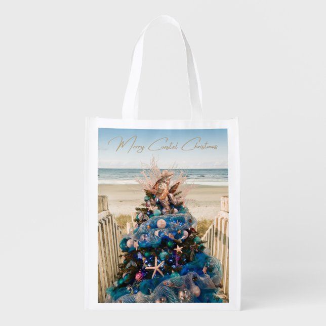 Merry Coastal Christmas Tropical Beach HolidayTree Grocery Bag (Front)
