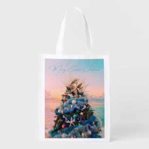 Merry Coastal Christmas Tropical Beach HolidayTree Grocery Bag