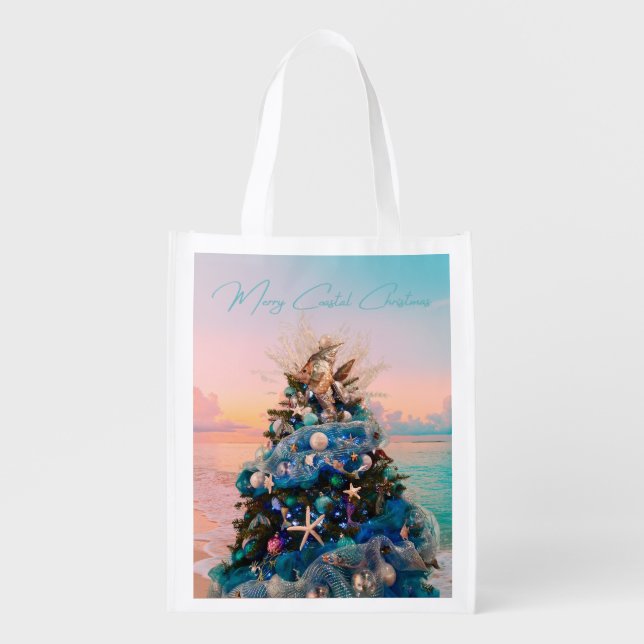 Merry Coastal Christmas Tropical Beach HolidayTree Grocery Bag (Front)