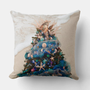 Merry Coastal Christmas Tropical Beach HolidayTree Throw Pillow