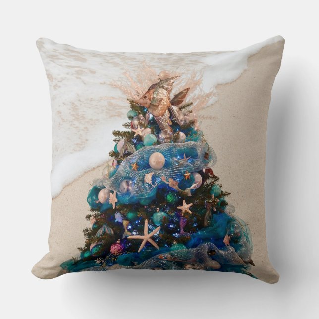 Merry Coastal Christmas Tropical Beach HolidayTree Throw Pillow (Front)