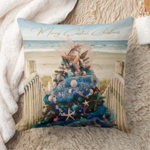 Merry Coastal Christmas Tropical Beach HolidayTree Throw Pillow