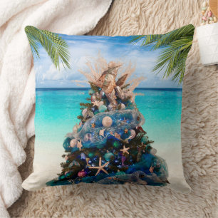 Merry Coastal Christmas Tropical Beach HolidayTree Throw Pillow