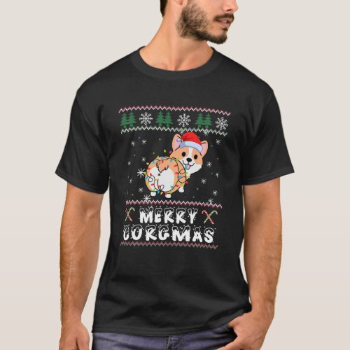 Merry Corgmas Corgi Ugly Christmas Tree Light Sant T_Shirt