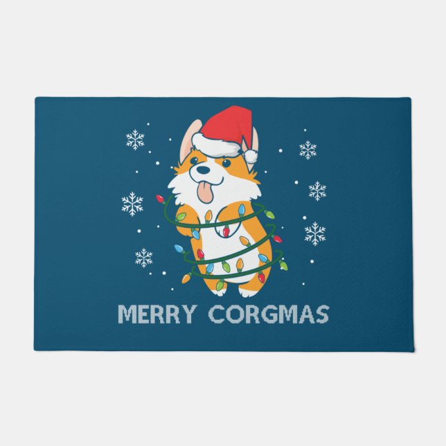 Merry Corgmas Xmas Pajamas Corgi Christmas Nerdy Doormat (Front)