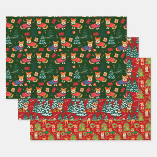 Merry Corgmess - Christmas Corgi patterns 3 colors Wrapping Paper Sheets