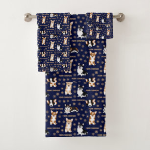 Merry Corgmess Text - Christmas Corgi blue pattern Bath Towel Set