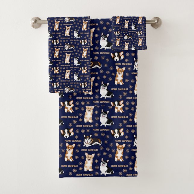 Merry Corgmess Text - Christmas Corgi blue pattern Bath Towel Set (Insitu)