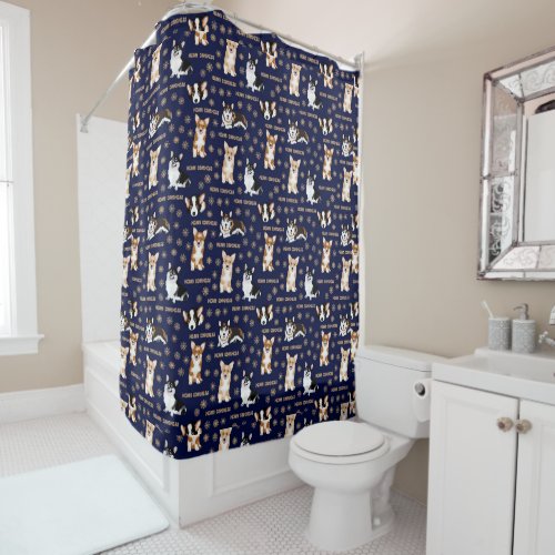 Merry Corgmess Text _ Christmas Corgi blue pattern Shower Curtain