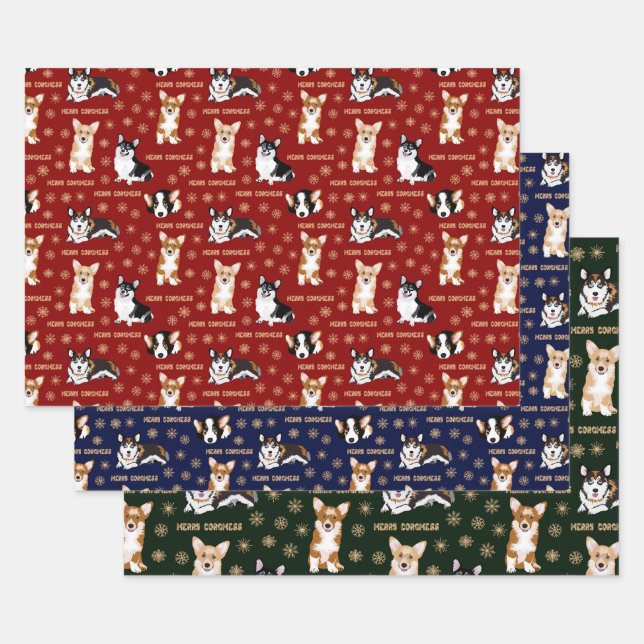 Merry Corgmess Text - Christmas Corgi patterns Wrapping Paper Sheets (Set)