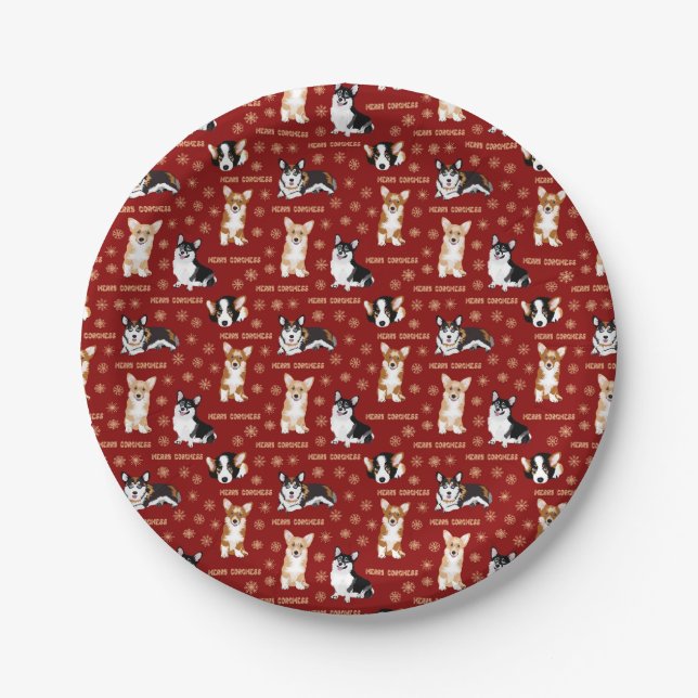 Merry Corgmess Text - Christmas Corgi red pattern Paper Plates (Front)