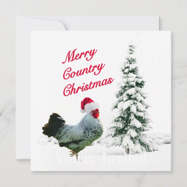 Merry Country Christmas Chicken With Santa Hat Invitation (Front)