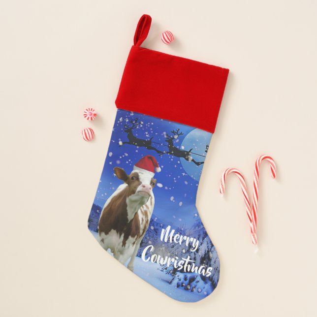 Merry Cowristmas Santa Cow Holiday Christmas Stocking (Front)