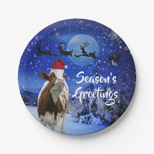 Merry Cowristmas Santa Cow Holiday Paper Plates (Front)