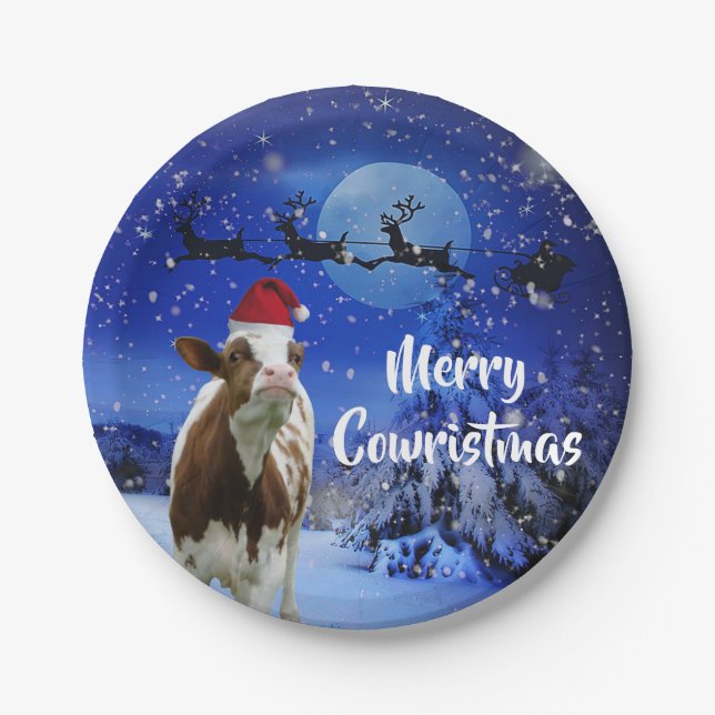 Merry Cowristmas Santa Cow Holiday Paper Plates (Front)
