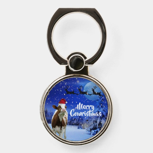 Merry Cowristmas Santa Cow Holiday Phone Ring Stand (Front)
