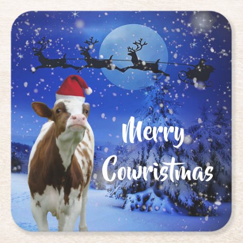 Merry Cowristmas Santa Cow Holiday Square Paper Coaster