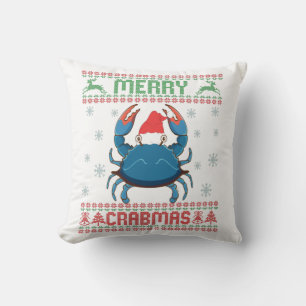 Merry Crabmas Funny Crab Ugly Christmas Sweater Throw Pillow