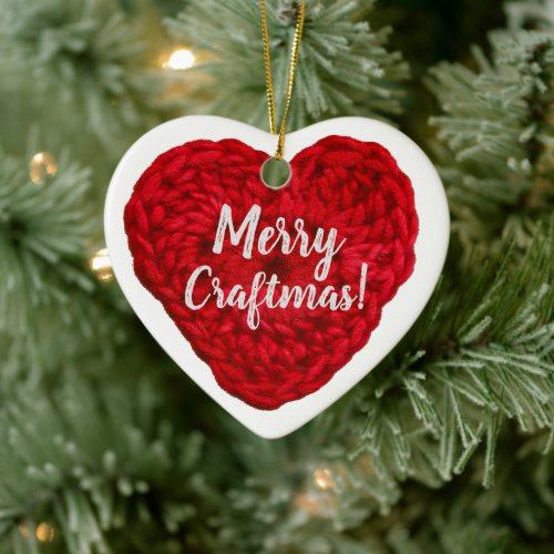 Merry Craftmas Crochet Red Heart Crafts Ceramic Ornament