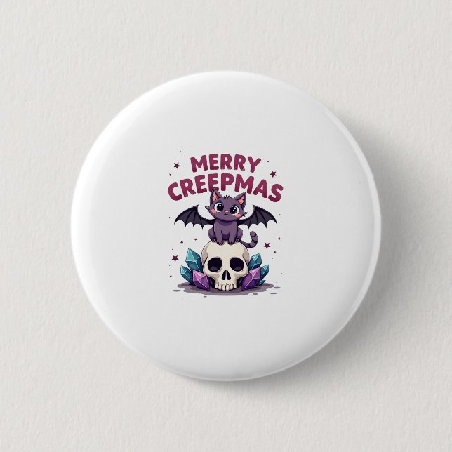 Merry Creepmas Cat Pastel Goth Christmas Skull T-S Button (Front)