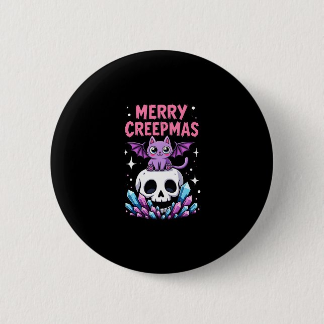Merry Creepmas Cat Pastel Goth Christmas Skull T-S Button (Front)