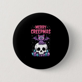 Merry Creepmas Cat Pastel Goth Christmas Skull T-S Button