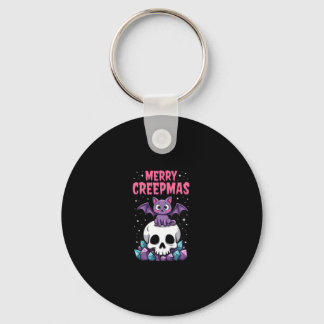Merry Creepmas Cat Pastel Goth Christmas Skull T-S Keychain