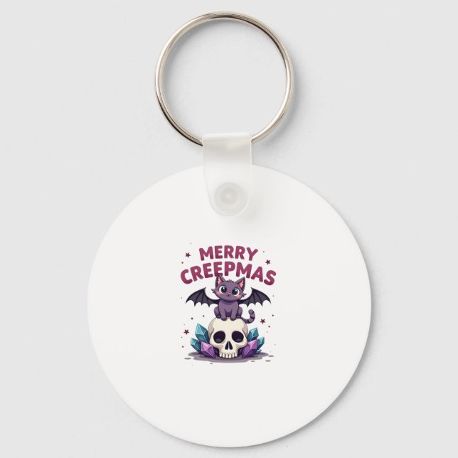 Merry Creepmas Cat Pastel Goth Christmas Skull T-S Keychain (Front)