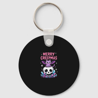 Merry Creepmas Cat Pastel Goth Christmas Skull T-S Keychain
