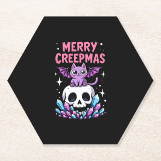 Merry Creepmas Cat Pastel Goth Christmas Skull T-S Paper Coaster
