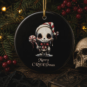 Merry Creepmas Cute Skeleton Spooky Christmas Ceramic Ornament