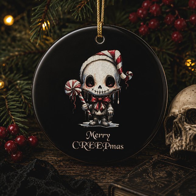 Merry Creepmas Cute Skeleton Spooky Christmas Ceramic Ornament (Creator Uploaded)