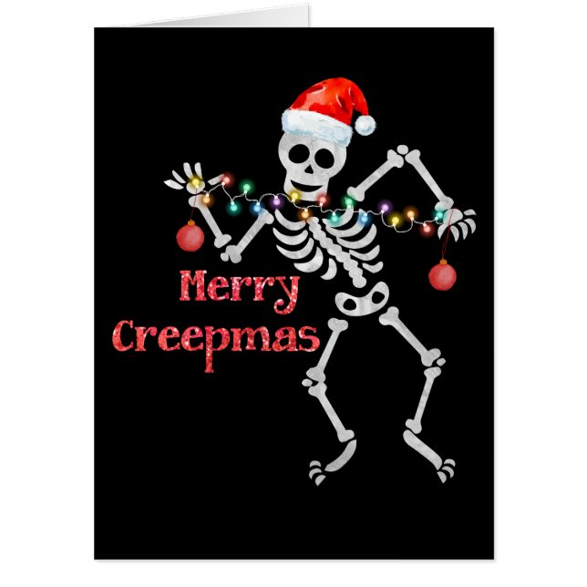 Merry Creepmas Skeleton Santa Skull Xmas Tree Fun Card (Front)
