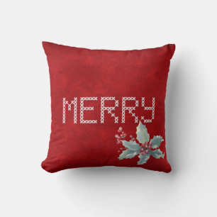 Merry Cross Stitching and Berries Throw Pillow